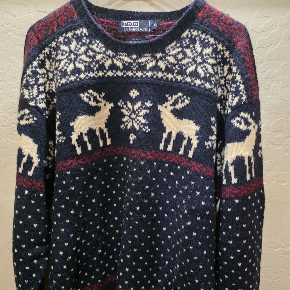 Vintage Polo Ralph Lauren Fair Isle Deer Sweater 100% Wool Hand Knit Men's XL